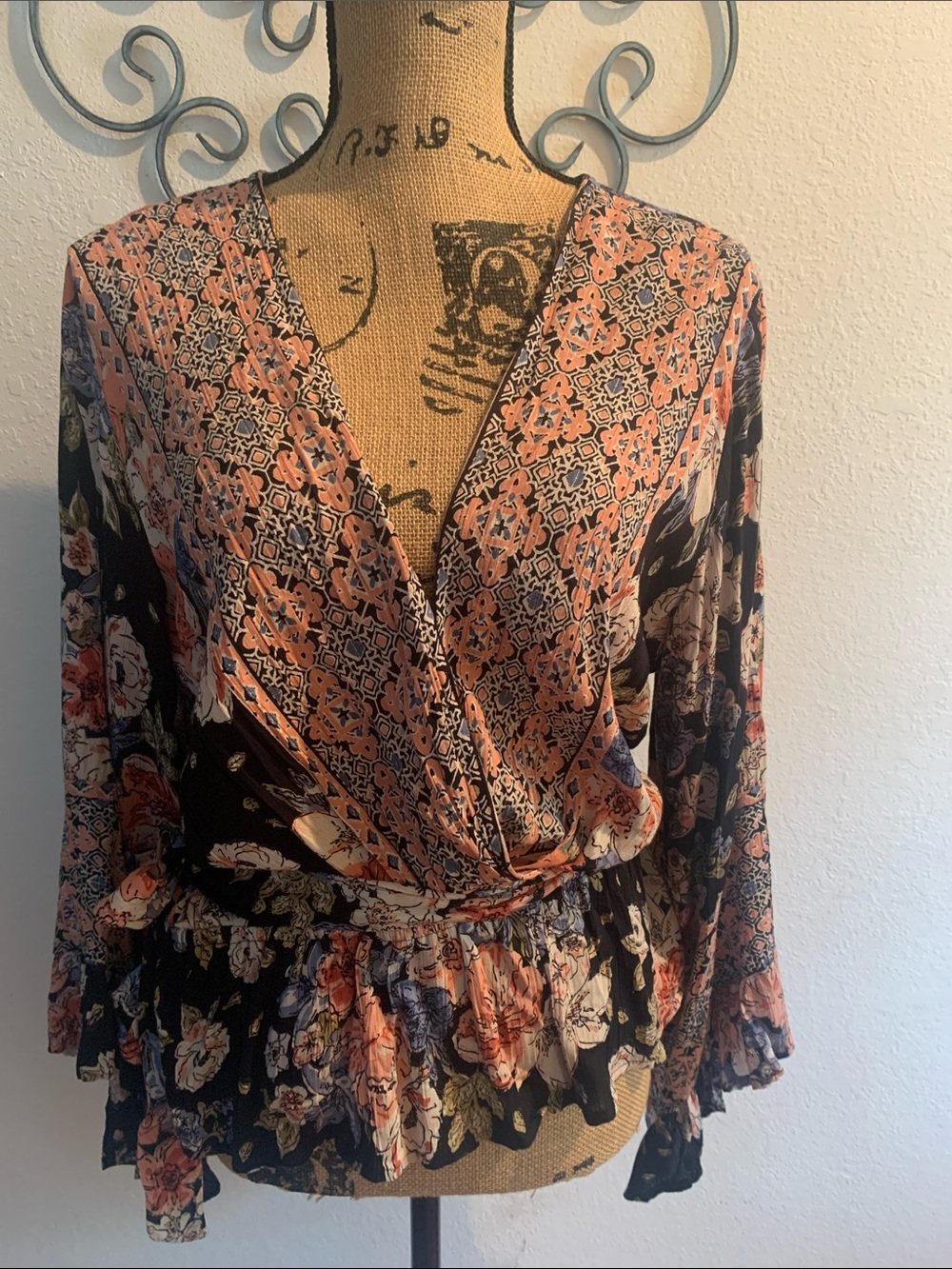 Floral Surplice Peplum Blouse - Black and Coral
